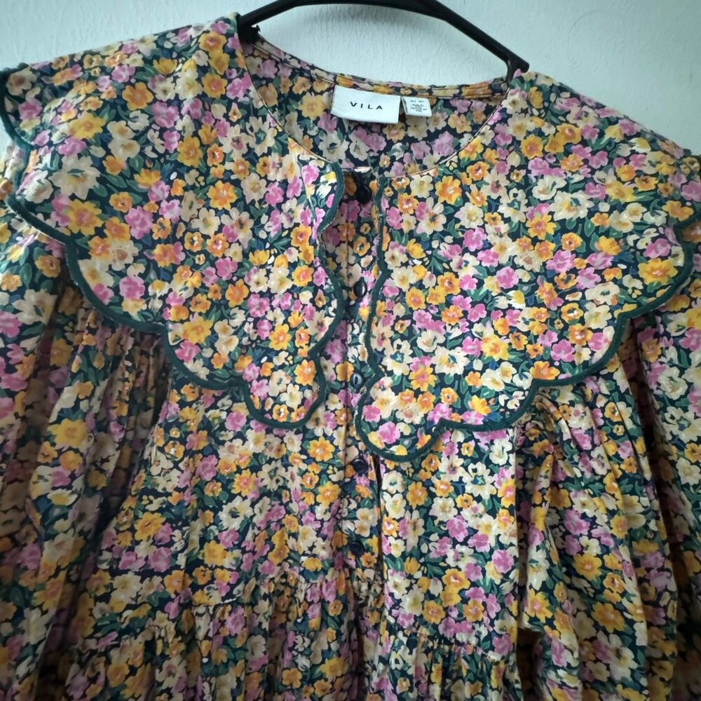 Vila Floral Puff Sleeve Peasant Coquette Mini Dress Ruffled Collar - Picture 2 of 7